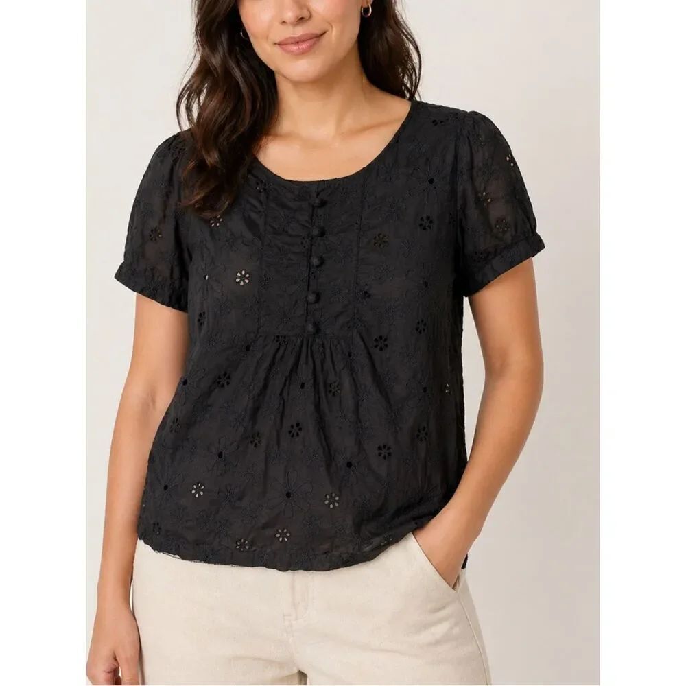 Carole Little Black Eyelet Embroidered Short Sleeve Blouse Top Size L